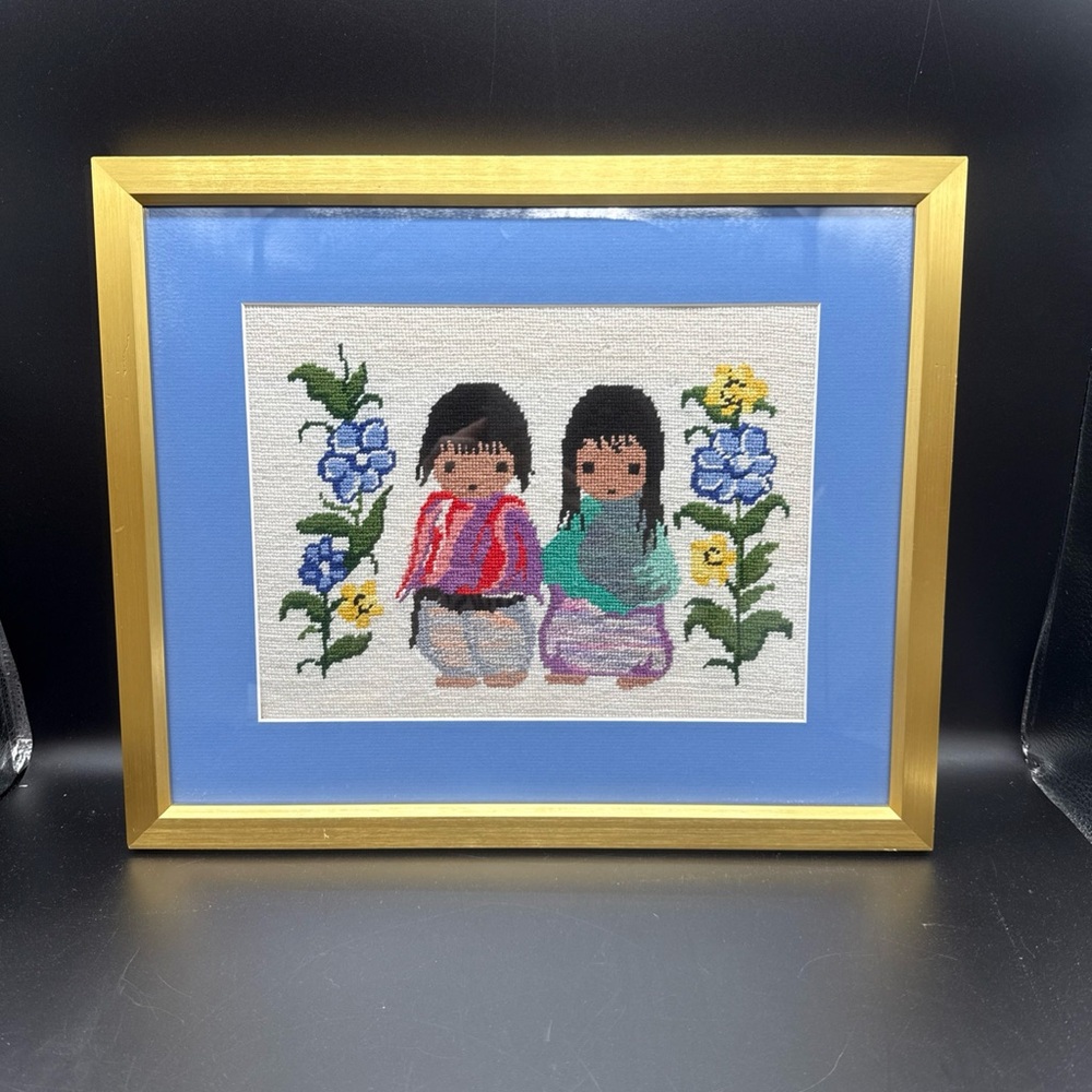 VTG Ted DeGrazia Cross Stitch Framed And Matted Art Flower Boy & Girl